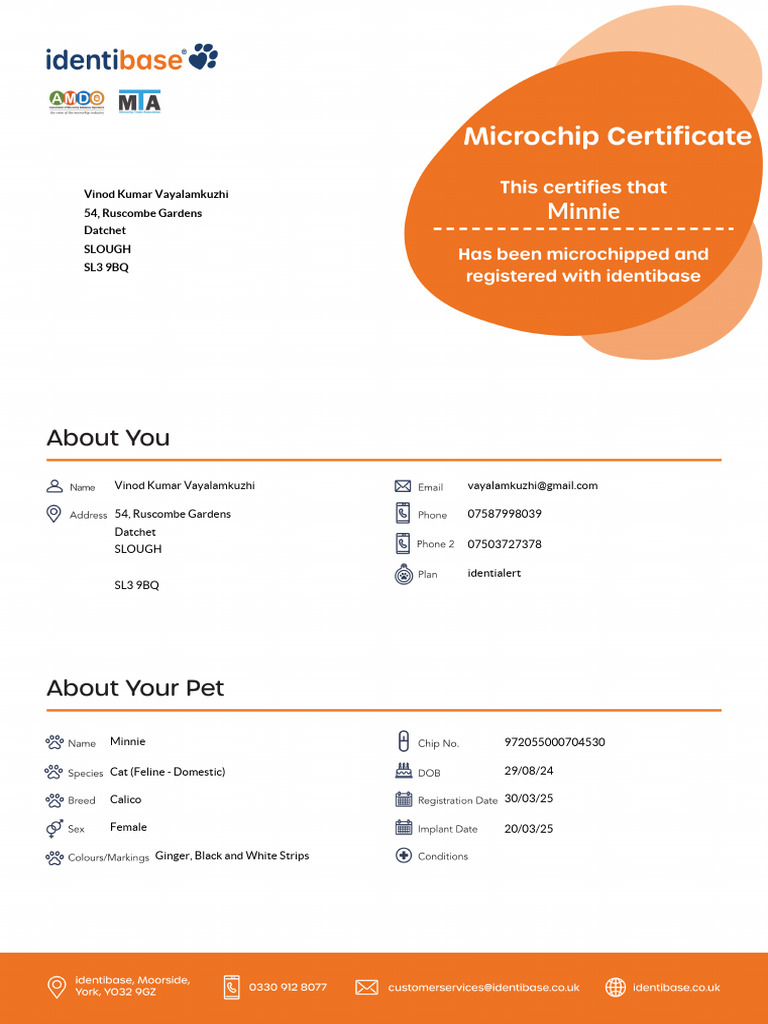 Microchip Certificate for Minnie the Cat | PDF
