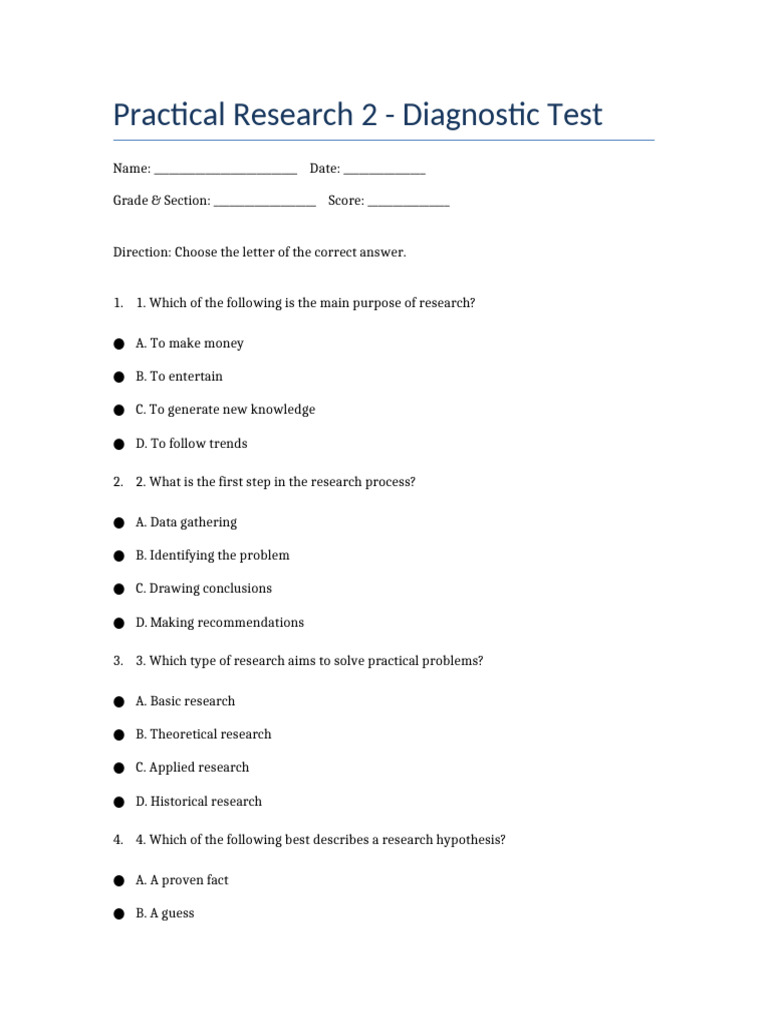 Research Process Diagnostic Test | PDF | Methodology | Theory