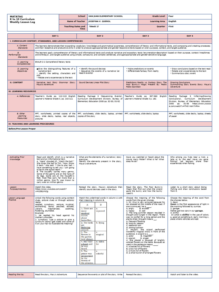 Grade 4 English Weekly Lesson Plan | PDF | Reading Comprehension ...