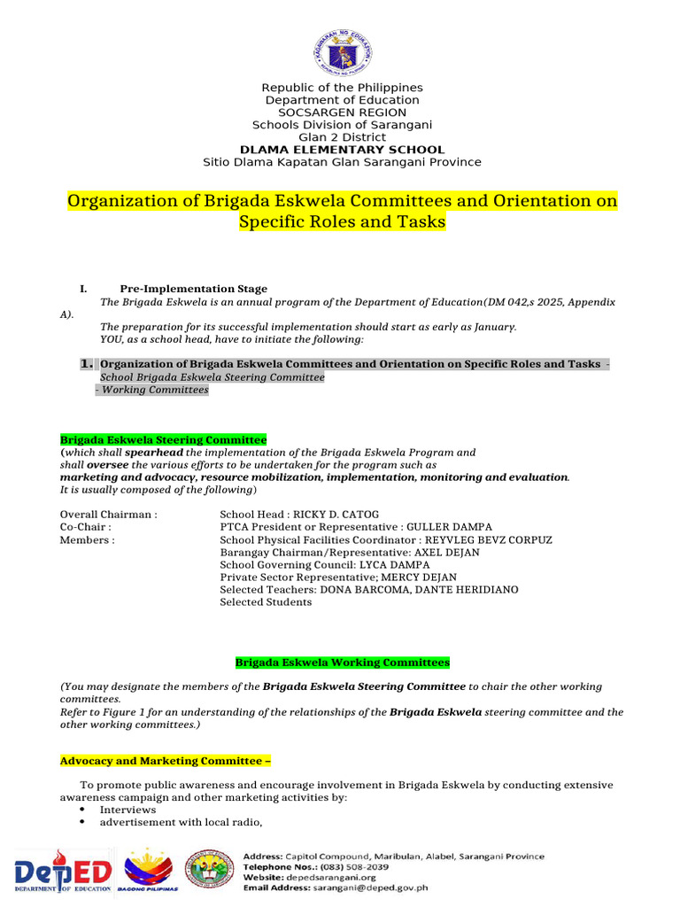 Brigada Eskwela Committee Organization Guide | PDF | Volunteering