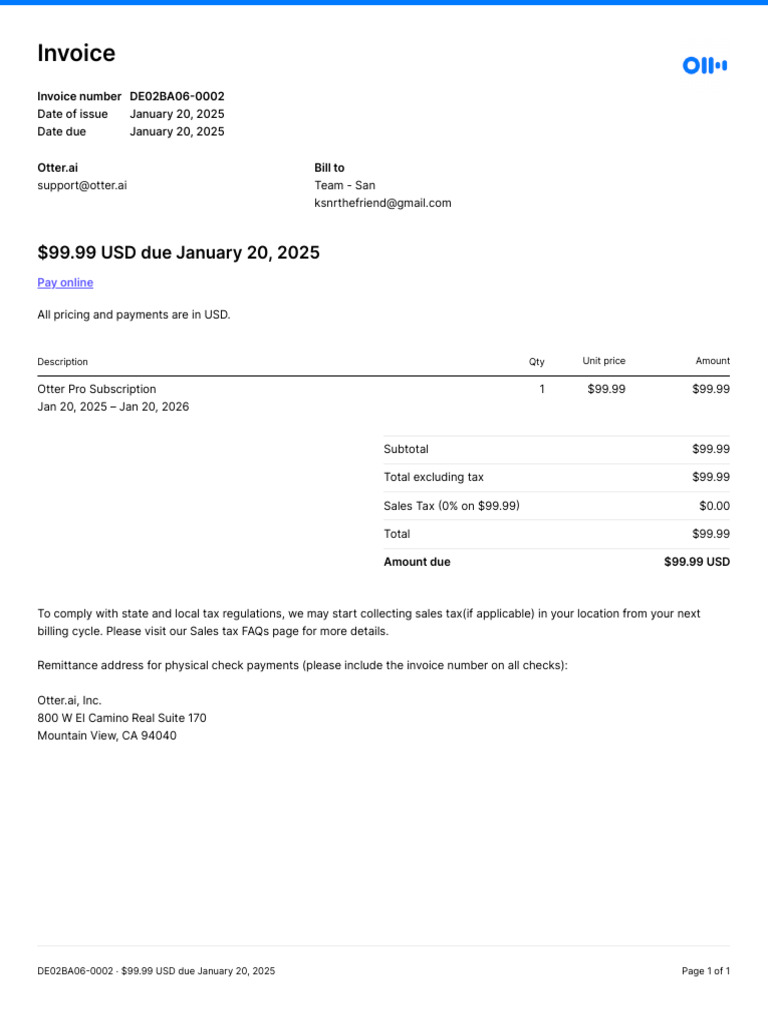 Otter.ai Invoice DE02BA06-0002 | PDF