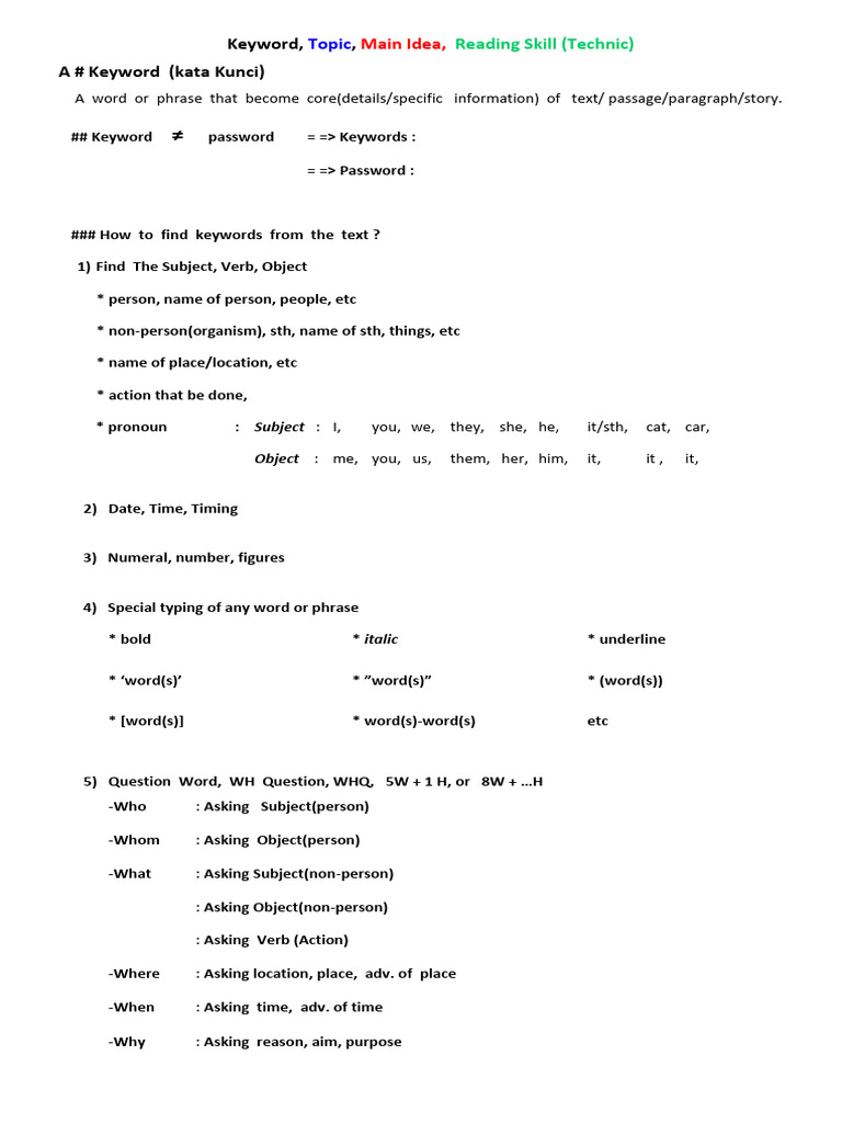 Keyword-Topic-Main Idea-Reading Skill (Technic) - Summary and Highlight ...