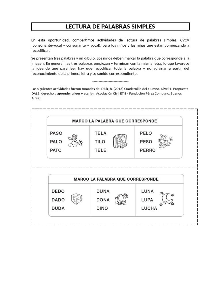 Lectura de Palabras Simples - Primera Entrega | PDF