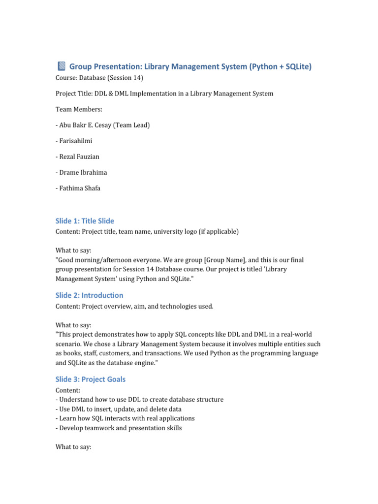 Library Presentation Notes-1 | PDF | Sql | Databases