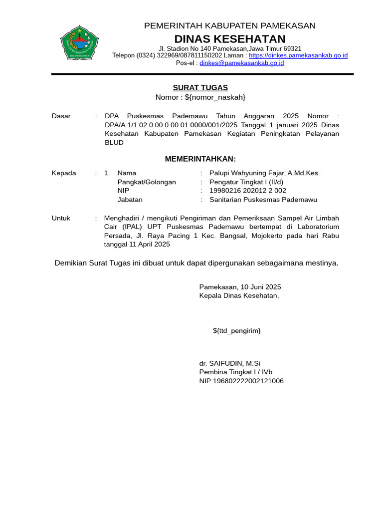 Surat Tugas Pengiriman Sampel | PDF