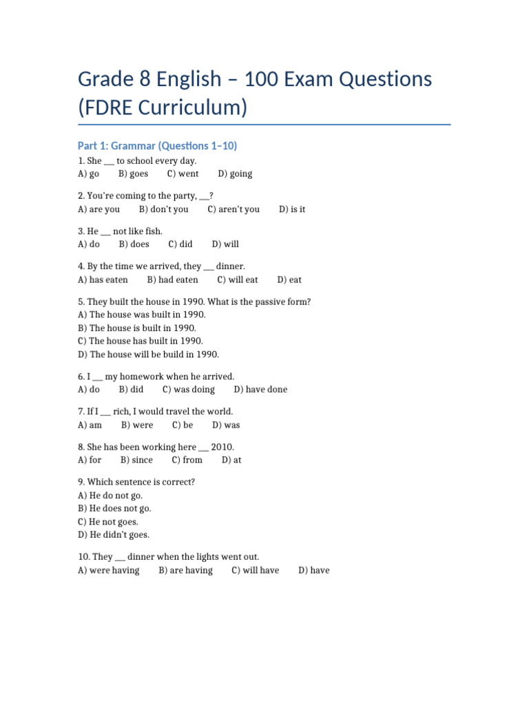 Grade 8 English Exam Questions | PDF
