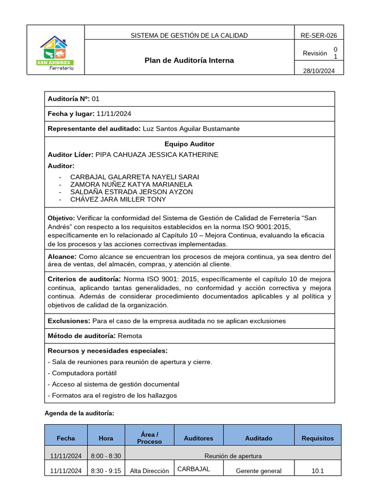 Plan de Auditoría Interna ISO 9001:2015 | PDF | Sistema de manejo de ...