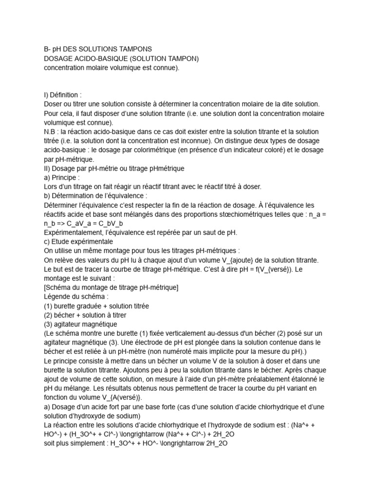Définition et pH des solutions tampons | PDF | Titrage | Chimie