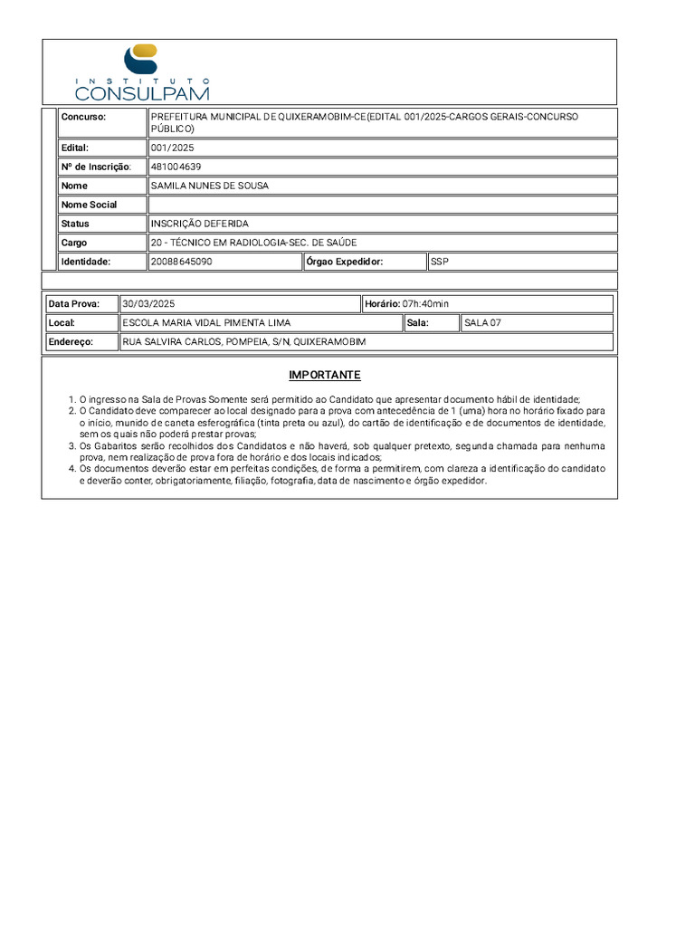Inscrição Deferida: Técnico em Radiologia | PDF