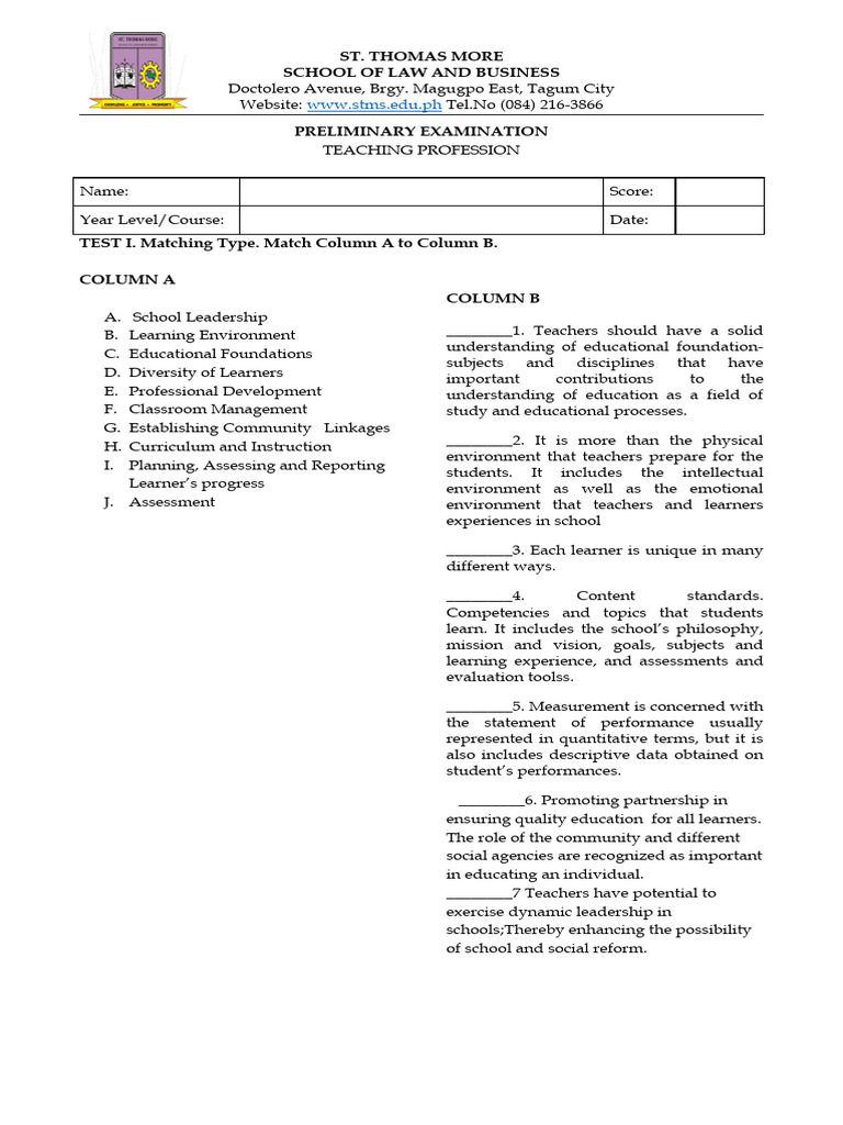 Teaching Profession Preliminary Exam Guide | PDF | Teachers | Learning