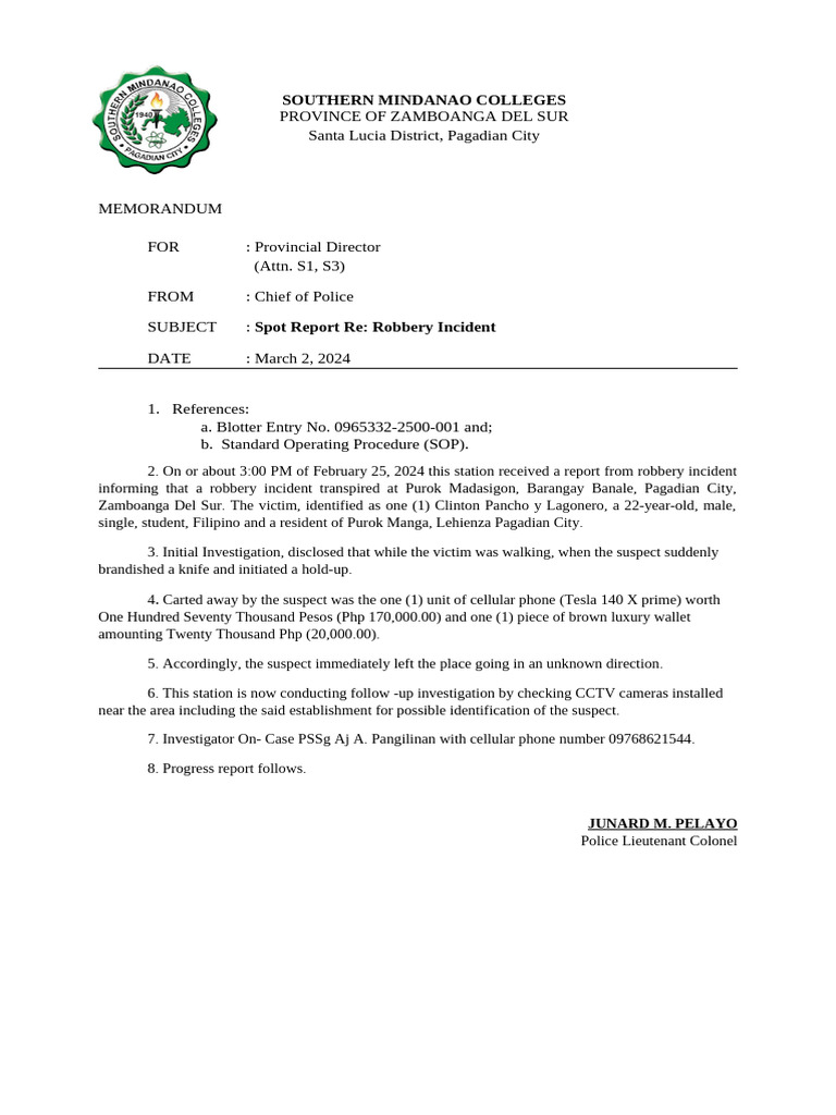 Pagadian City Robbery Incident Report | PDF | Crimes | Crime & Violence