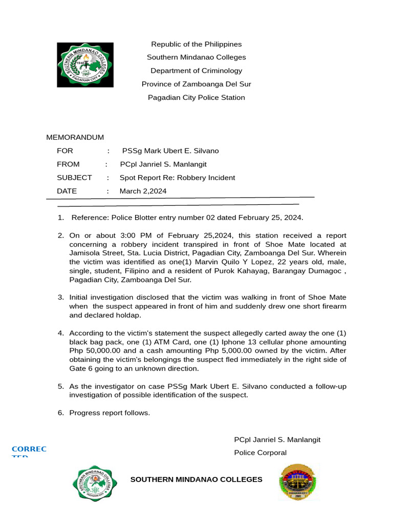 Pagadian City Robbery Incident Report | PDF | Crimes | Crime & Violence