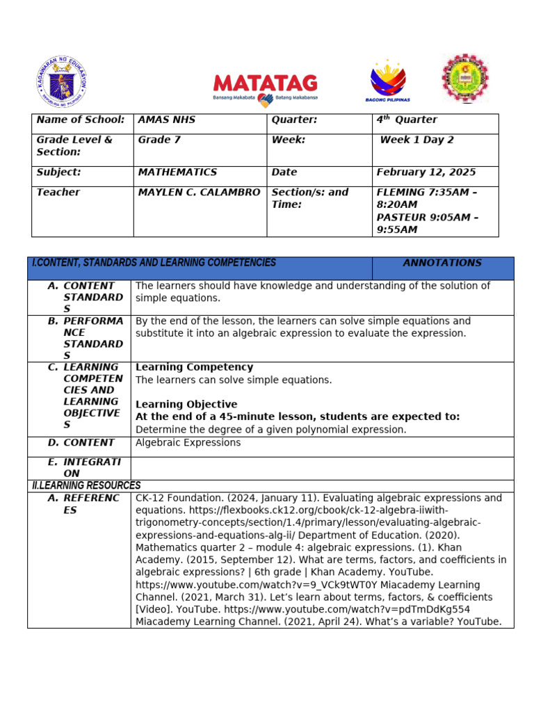 Grade 7 Algebra Lesson Plan | PDF | Polynomial | Abstract Algebra