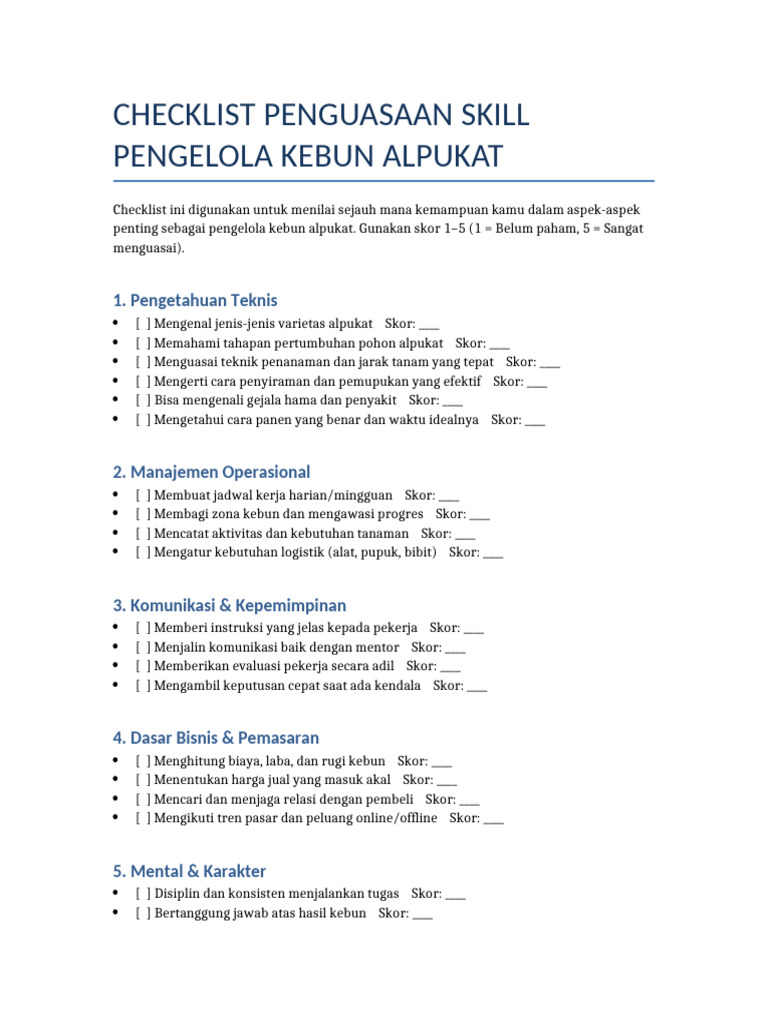 Checklist Penguasaan Skill Pengelola Alpukat | PDF