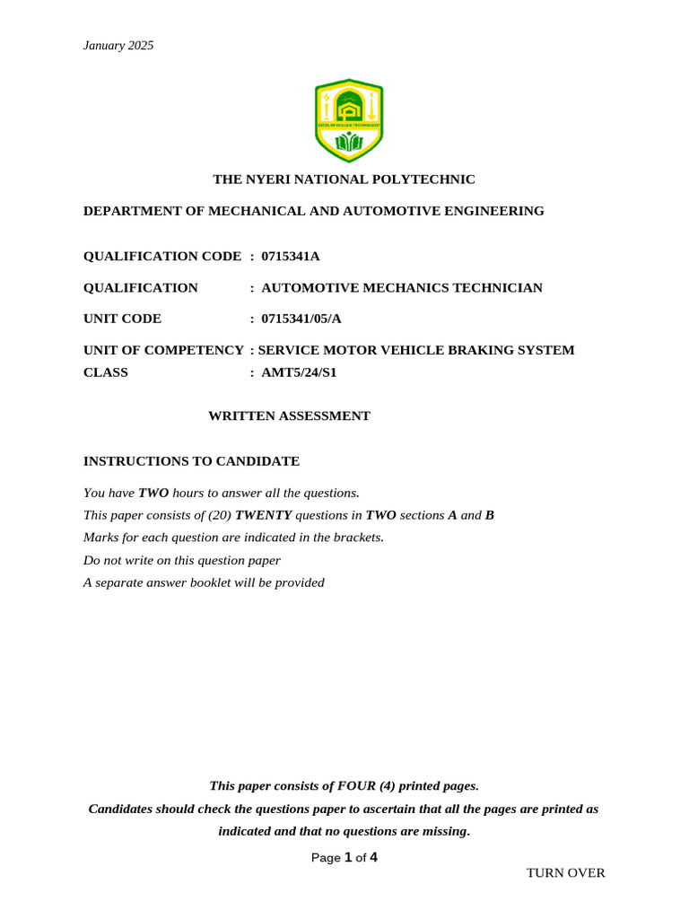 Braking System Assessment Guide | PDF | Brake | Anti Lock Braking System