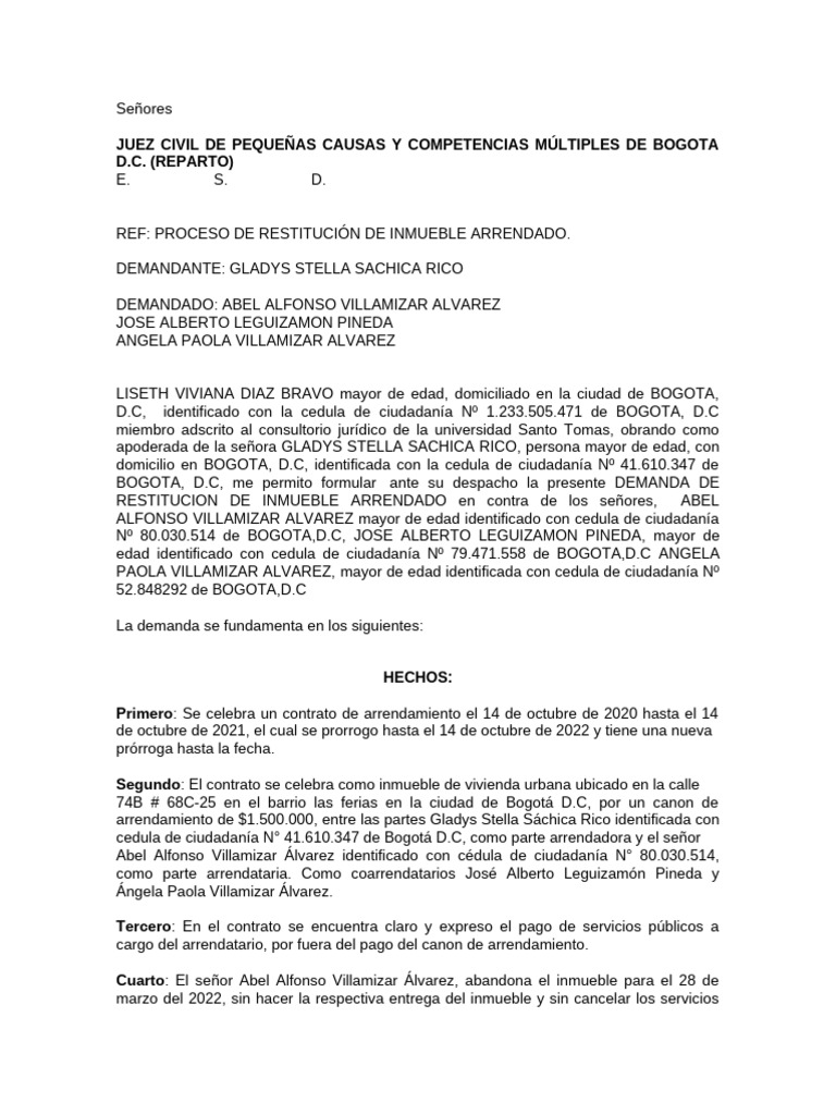 Modelo Demanda Restitución Inmueble Arrendado Terminada | PDF