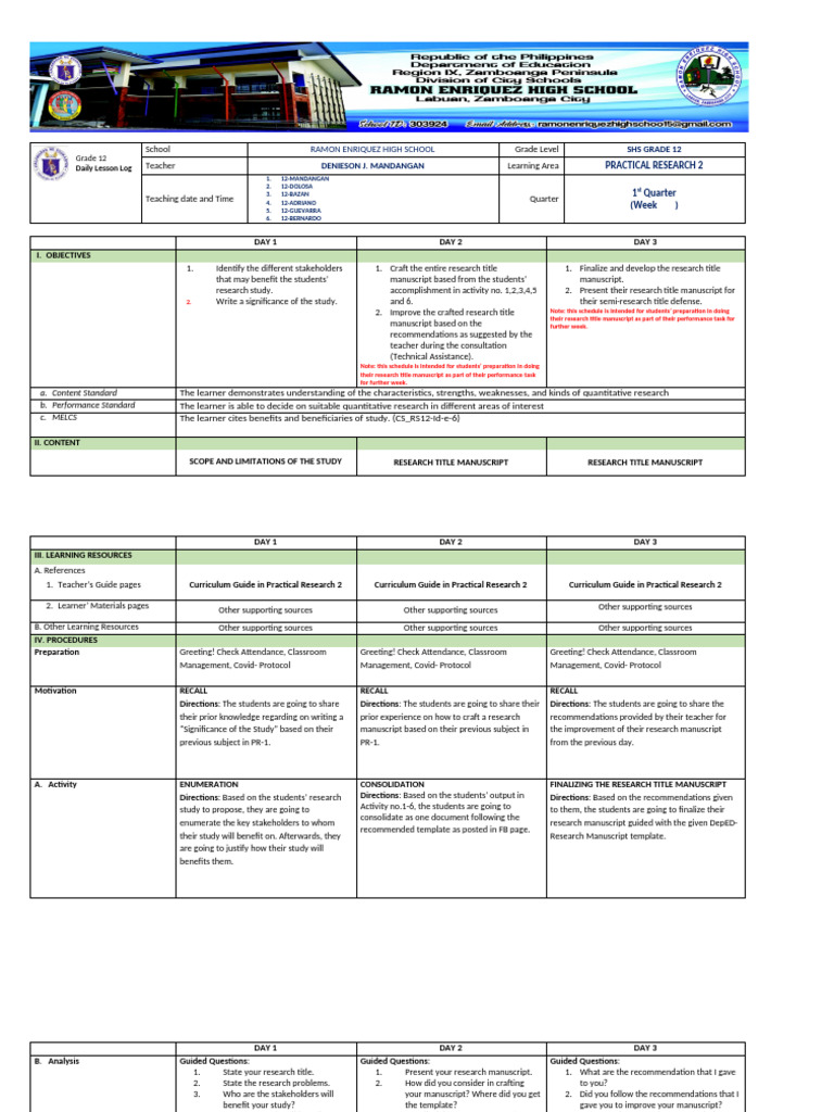 Grade 12 Practical Research Lesson Plan | PDF | Learning | Curriculum