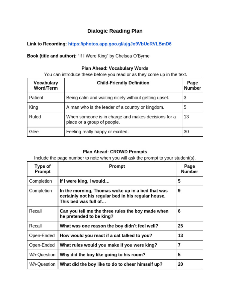 Charlotte Wilson - EDRG 2520 OL Dialogic Reading Assignment | PDF