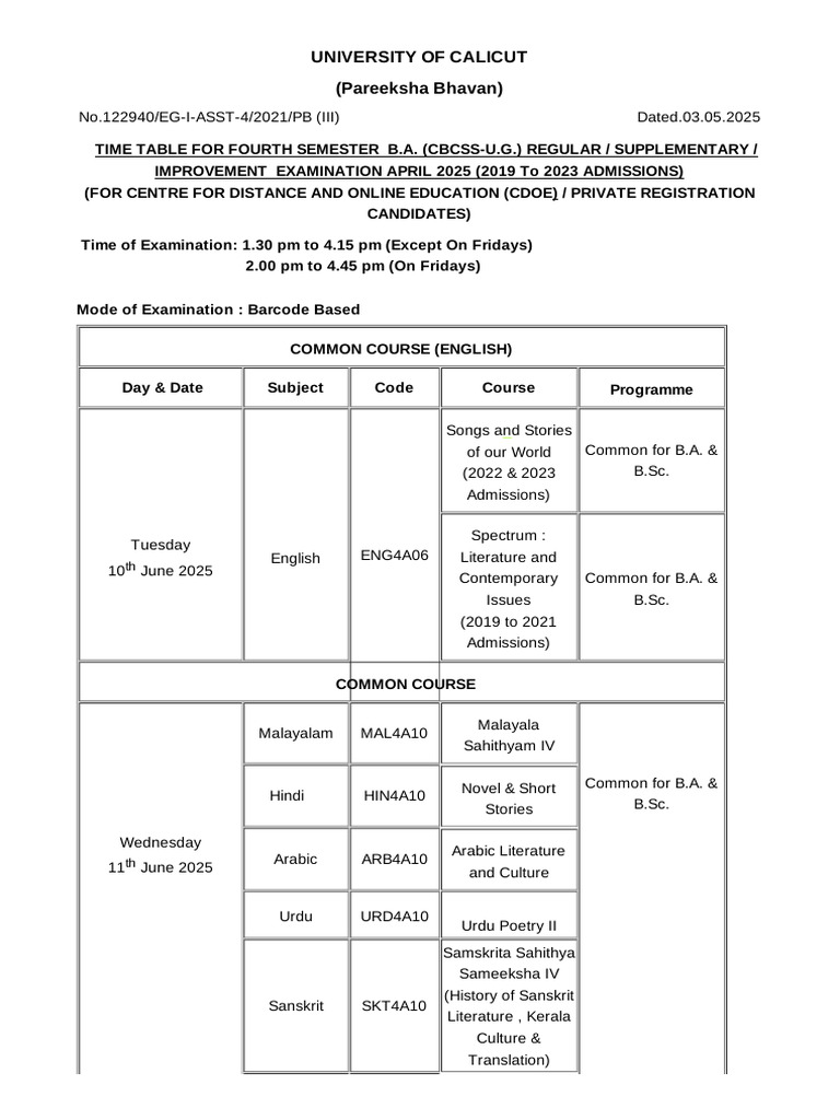 B.A. 4th Semester Exam Timetable 2025 | PDF | Liberal Arts Education