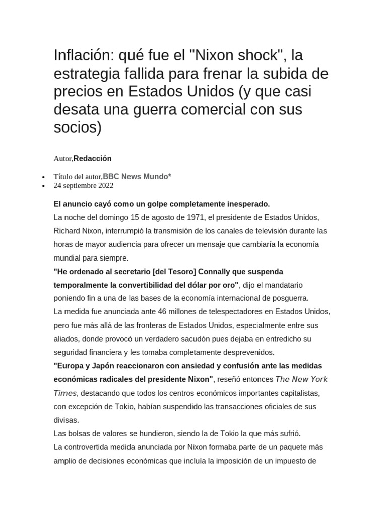 Nixon Shock: Fin del Patrón Oro en EE.UU. | PDF | Dólar de los Estados ...