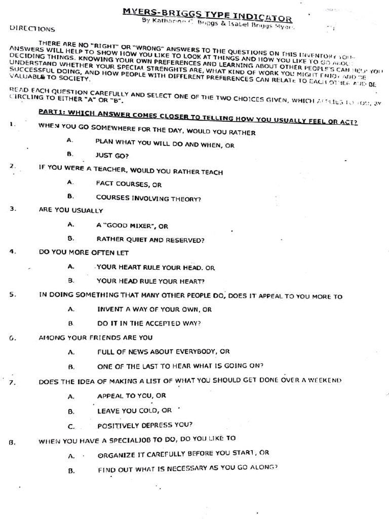Myers-Briggs Personality Questionnaire | PDF
