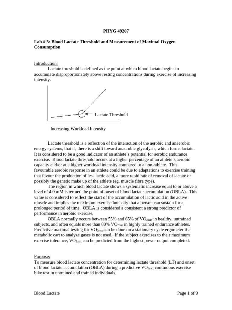 PHYG 49207 Lab #5 Blood Lactate and VO2max | PDF | Physical Fitness ...