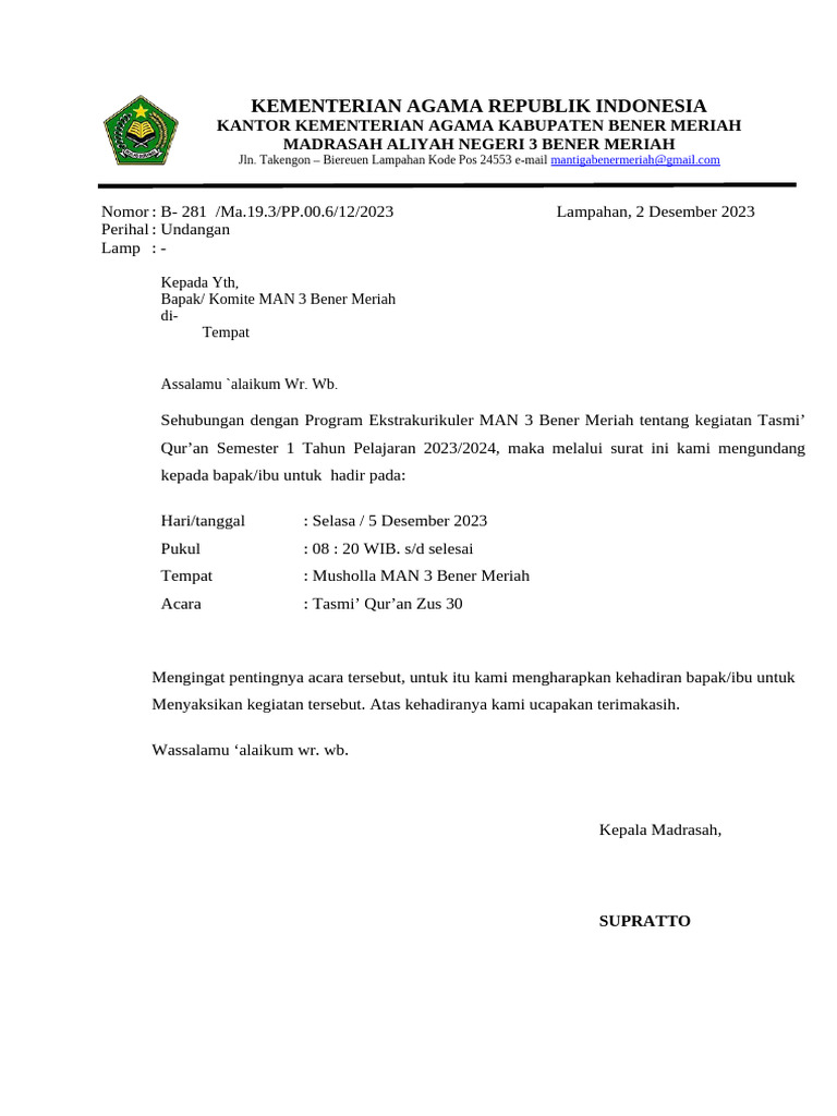 Undangan Tasmi' Qur'an MAN 3 Bener Meriah | PDF