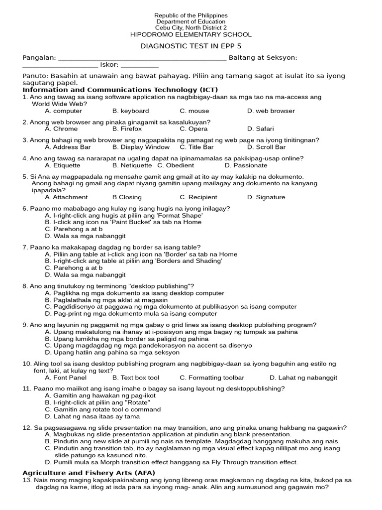 Diagnostic Test Epp 5 2025-2026 | PDF