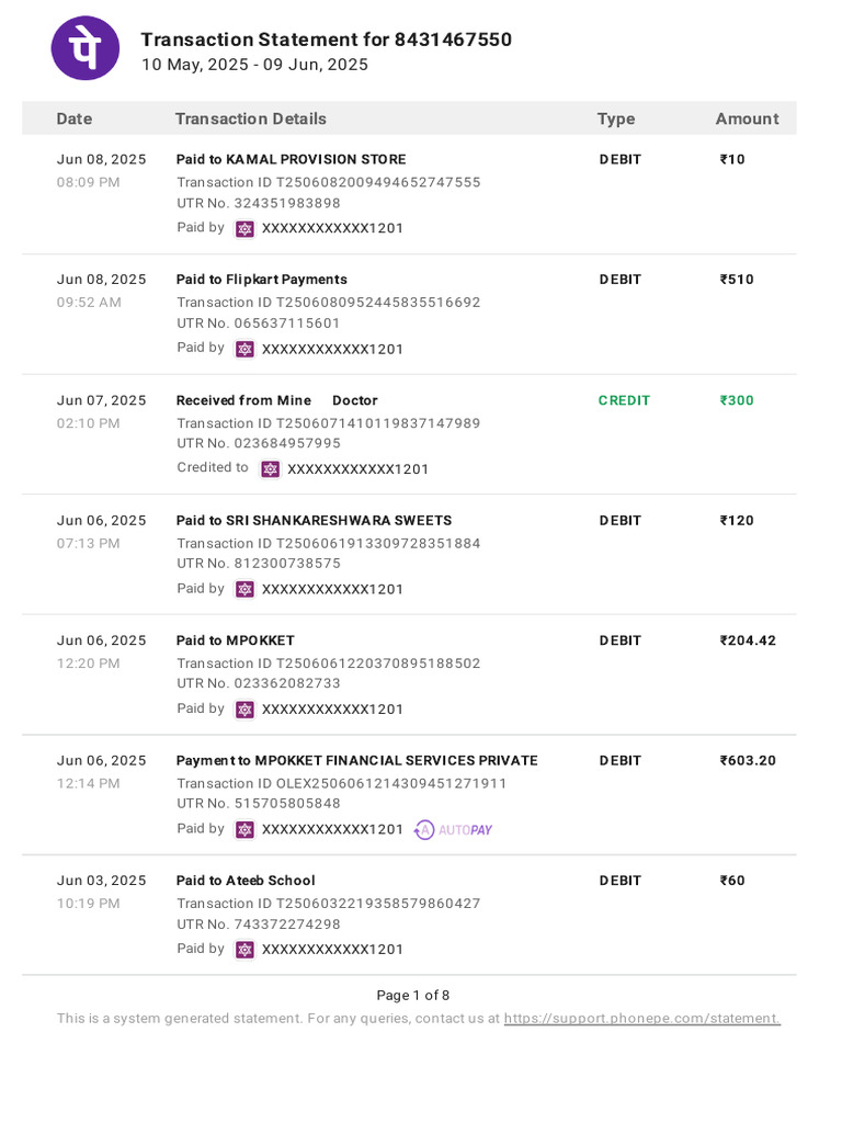 PhonePe Statement: May-Jun 2025 | PDF | Debit Card | Financial Services