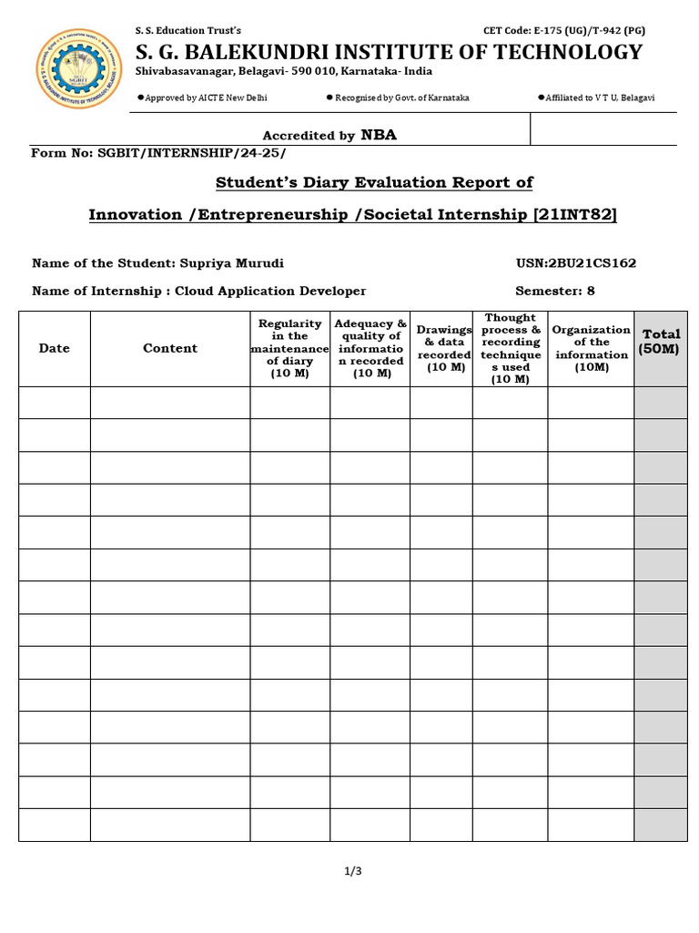 Student Diary Evulation Report 162 | PDF