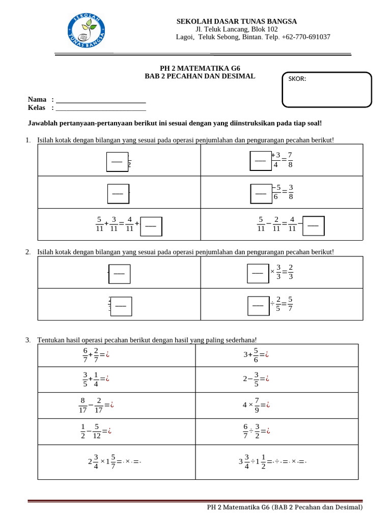 Soal Pecahan dan Desimal Kelas 6 | PDF
