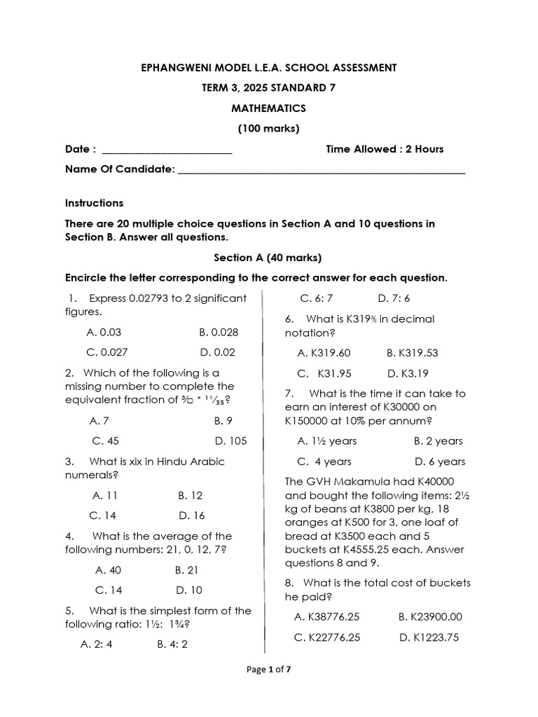 Ephangweni School Term 3 Math Assessment | PDF | Elementary Mathematics ...