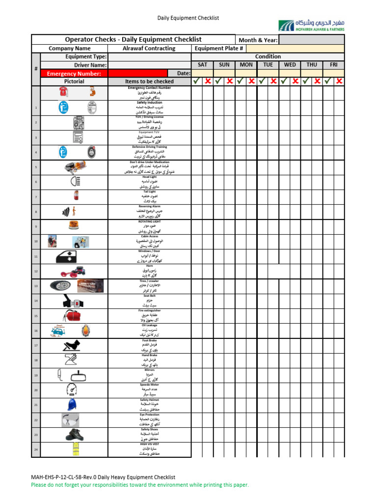 MAH EHS P 12 CL 58 Rev.0 Daily Heavy Equipment Checklist | PDF