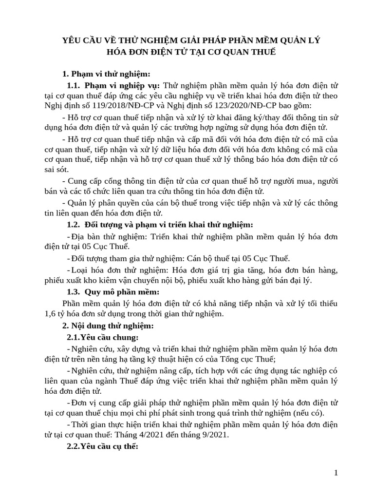 Phu Luc Ve Yeu Cau Thu Nghiem Giai Phap HDDT Tai CQT | PDF