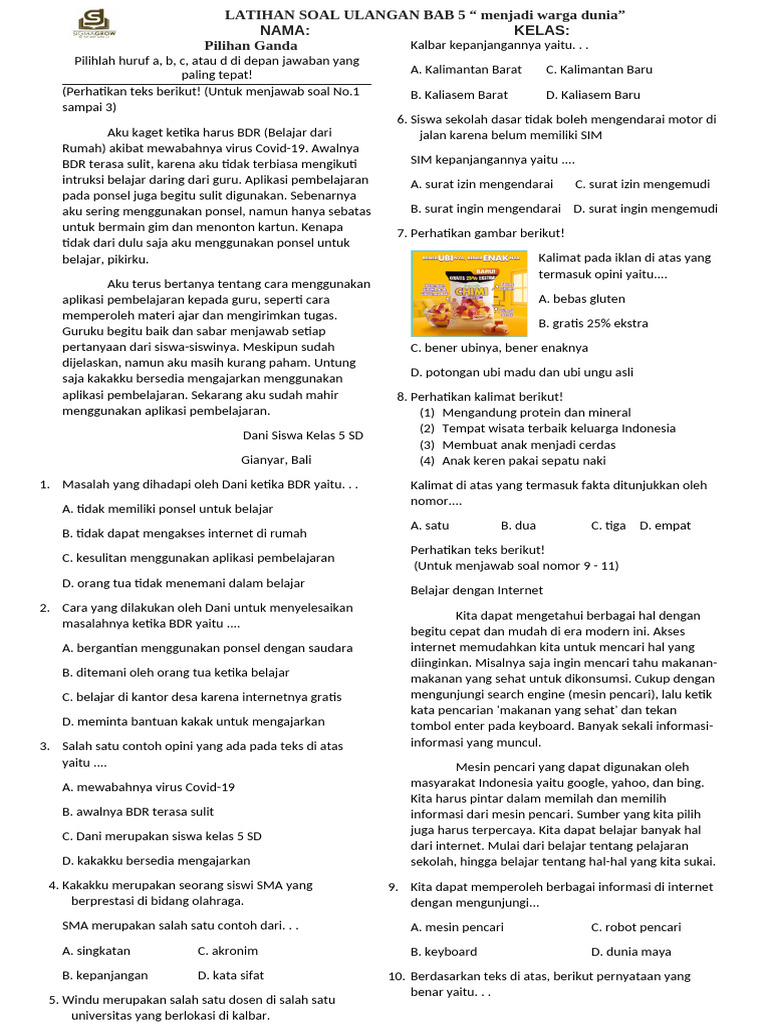 Soal Ulangan Bab 5: Warga Dunia | PDF