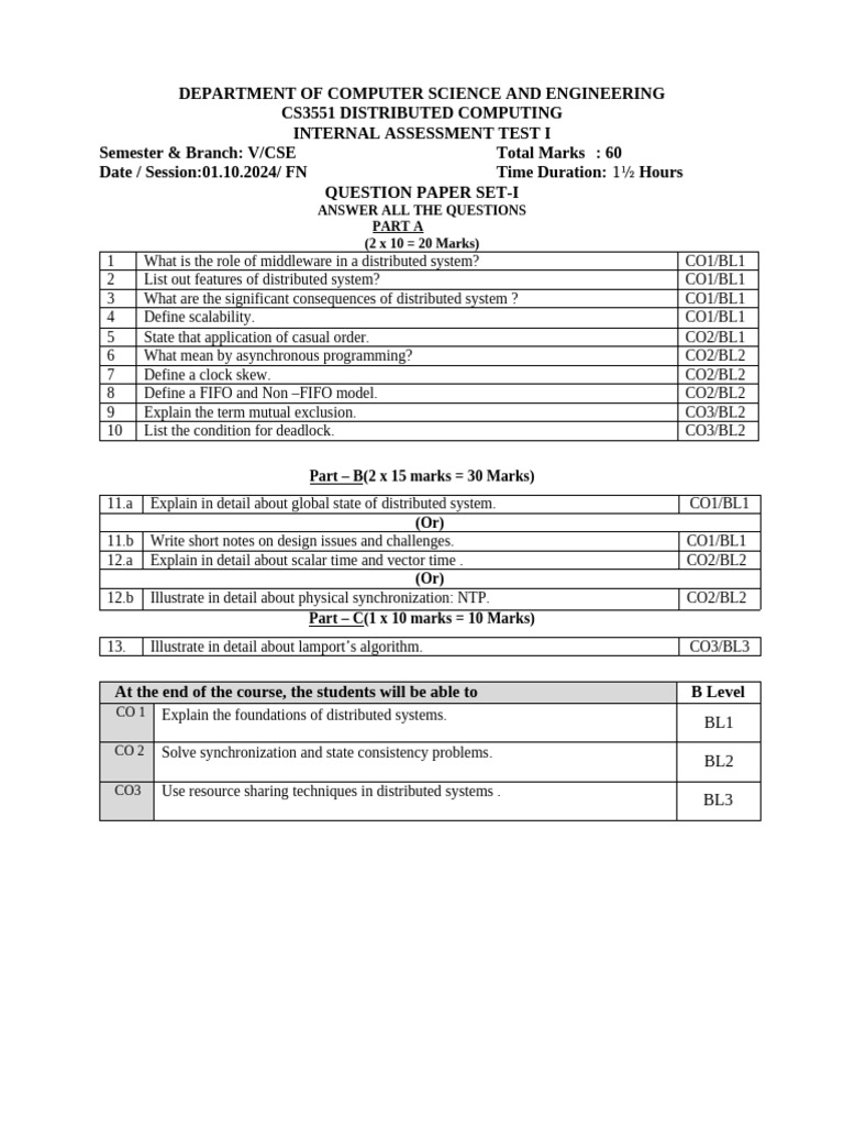 CS3551 Distributed Computing Test I | PDF