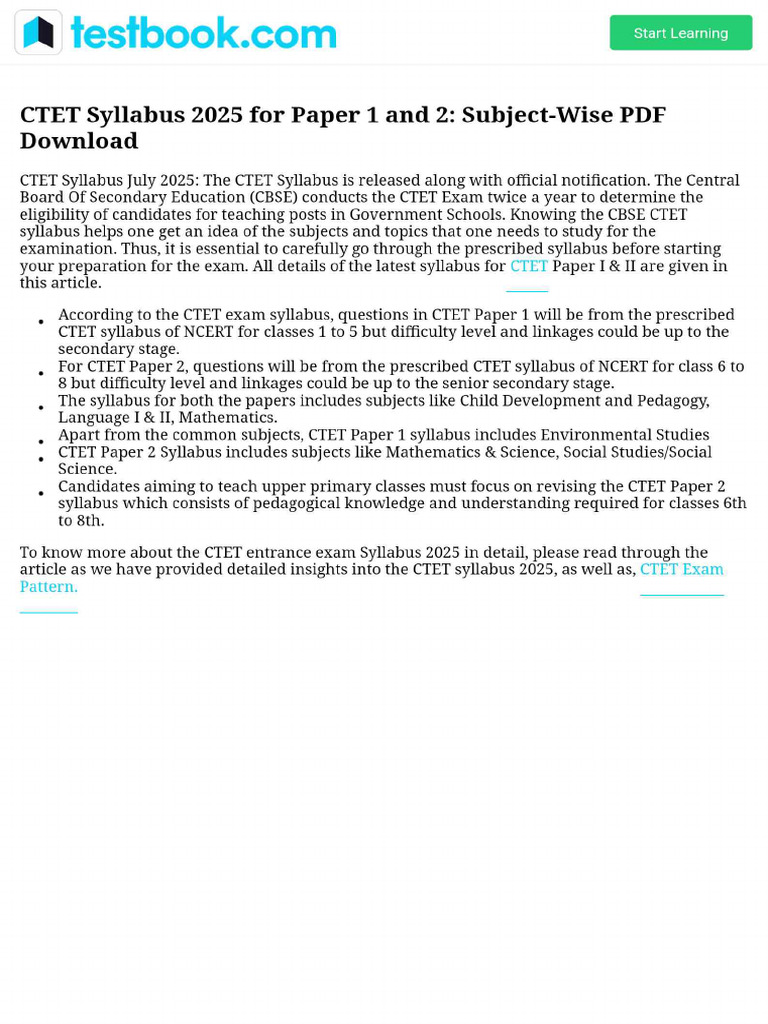 CTET Syllabus 2025 For Paper 1 and 2 - Subject-Wise PDF Download | PDF
