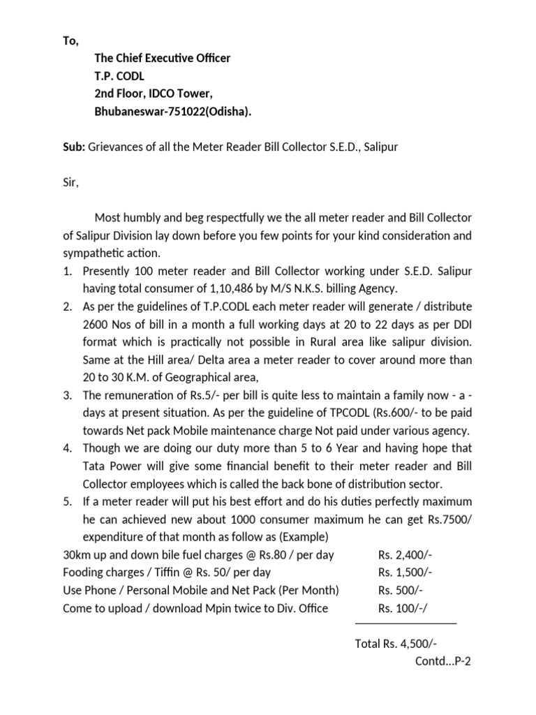Grievances of All The Meter Reader Bill Collector S.E.D., Salipur | PDF ...