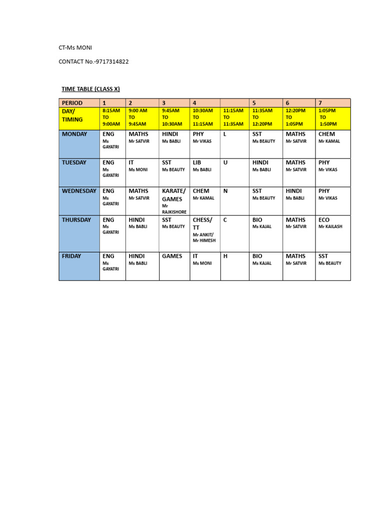 Class X Timetable Overview | PDF