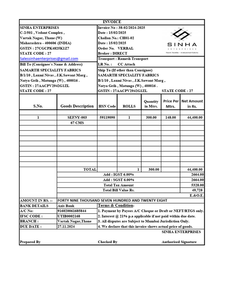 Samarth Speciality Fabrics Invoice 38-02 | PDF | Payments | Government ...