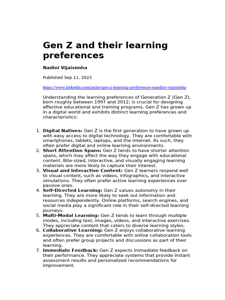 Gen Z Learning Preferences Explained | PDF | Learning | Cognitive Science