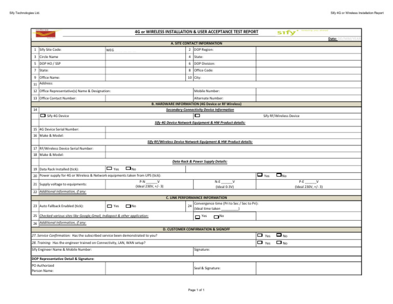 Sify 4G Installation & Acceptance Report | PDF | 4 G | Electrical ...
