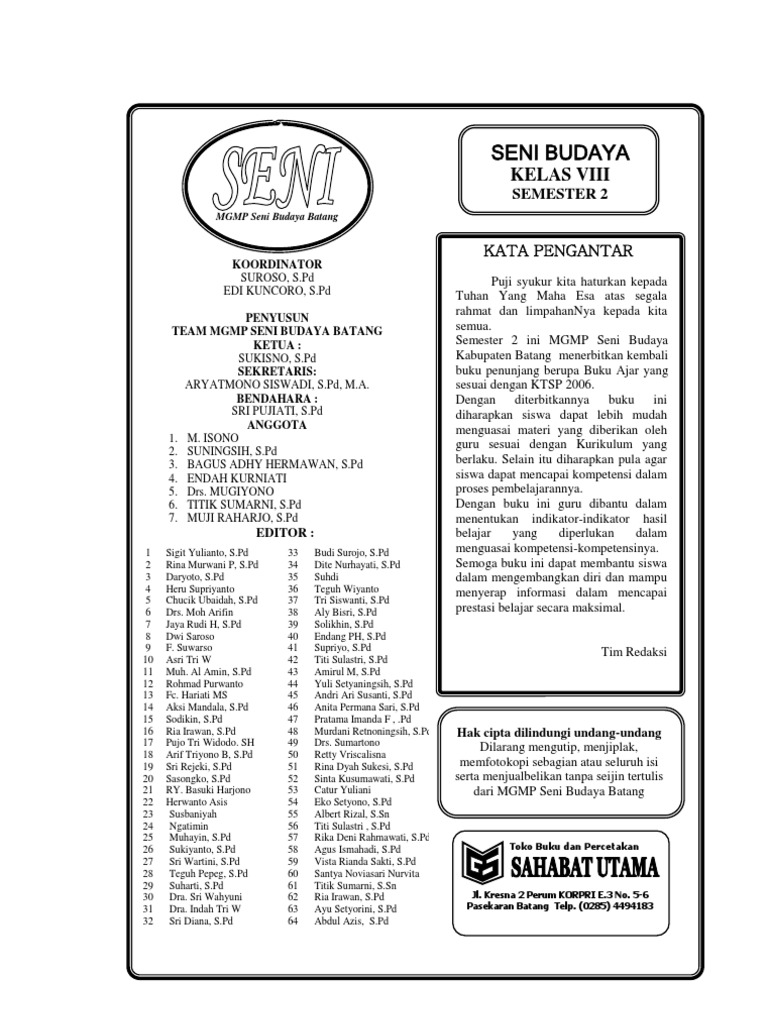 Buku Ajar Seni BUdaya Kelas 8 SMT 2MGMP Kab Batang