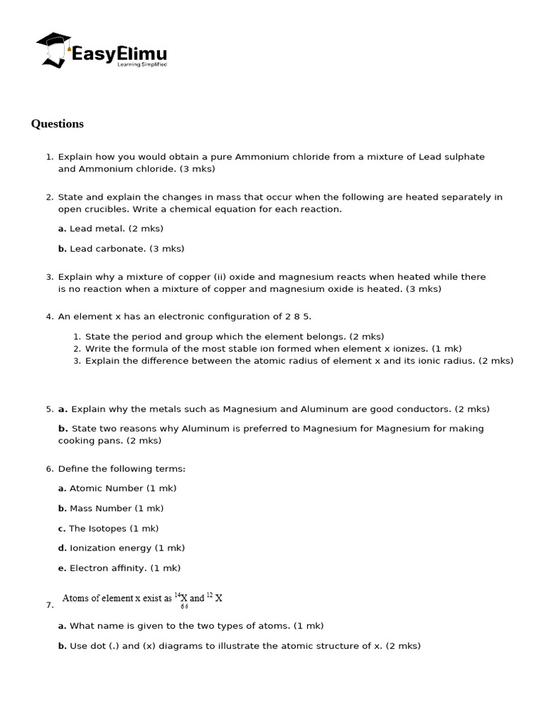 Form 2 Chemistry Mid Term Exam 2025 | PDF | Atoms | Chemical Elements