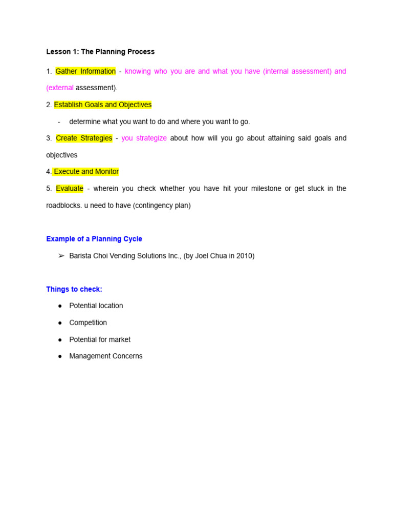 Lesson 1 - The Planning Process | PDF