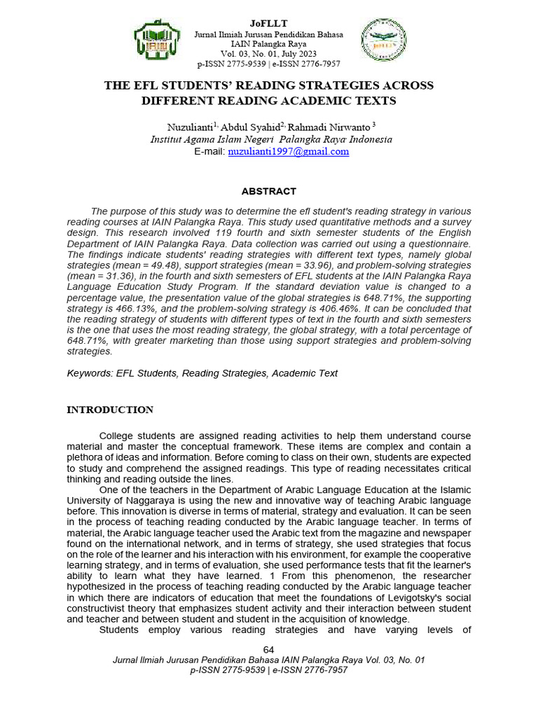 EFL Students' Reading Strategies Study | PDF | Learning | Survey ...