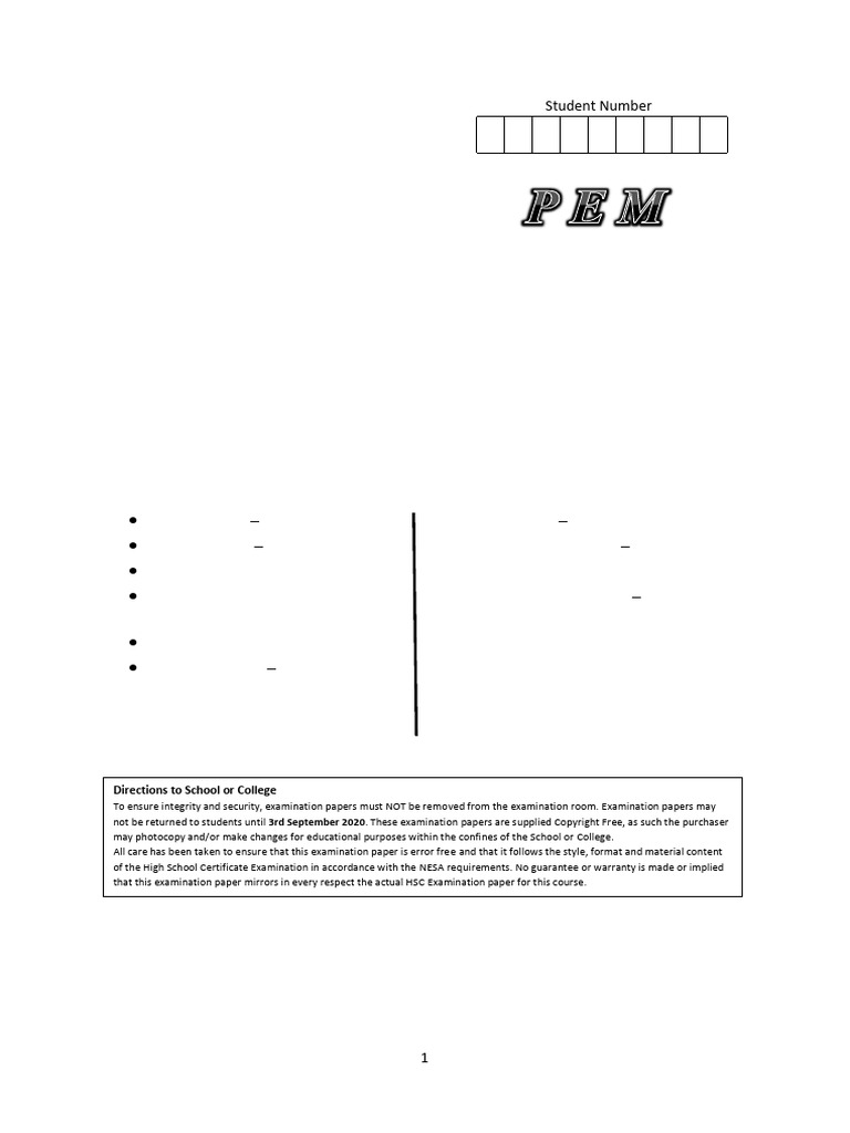 PEM 2020 Mathematics Extension 1 Trial HSC Examination | PDF | Mathematics