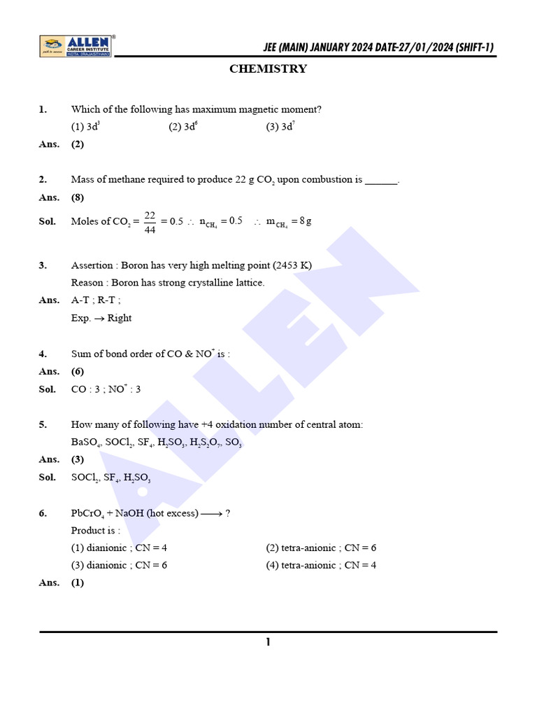 JEE Main January 2024 Chemistry Solutions | PDF | Pascal (Unit) | Chemistry