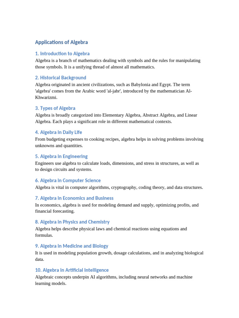 Applications of Algebra in Various Fields | PDF | Algebra | Mathematics