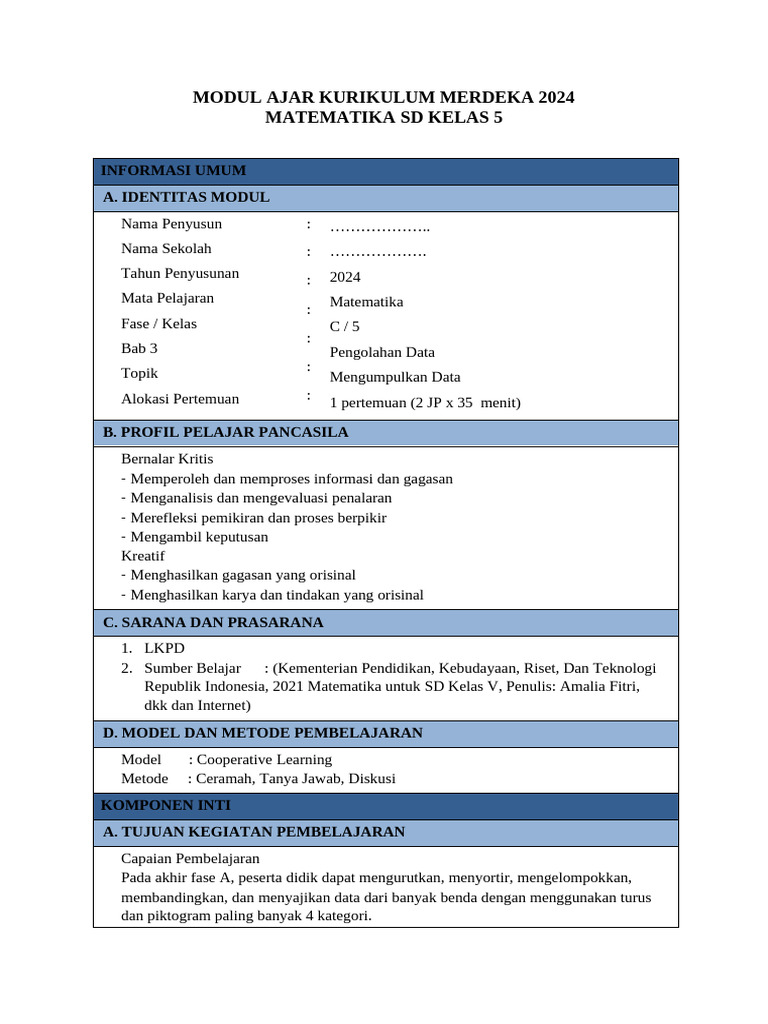 Modul Ajar Matematika SD Kelas 5 2024 | PDF